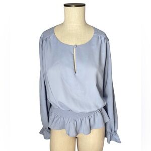 Ann Taylor Sky Blue Keyhole Front Smocked Waist Satin Peasant Top Sz M
